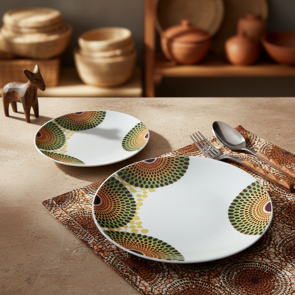 Coffret d'assiettes rondes en porcelaine Française fabriquées à la demande avec motif wax d'Afrique asymetrique Gammaphone multicolores