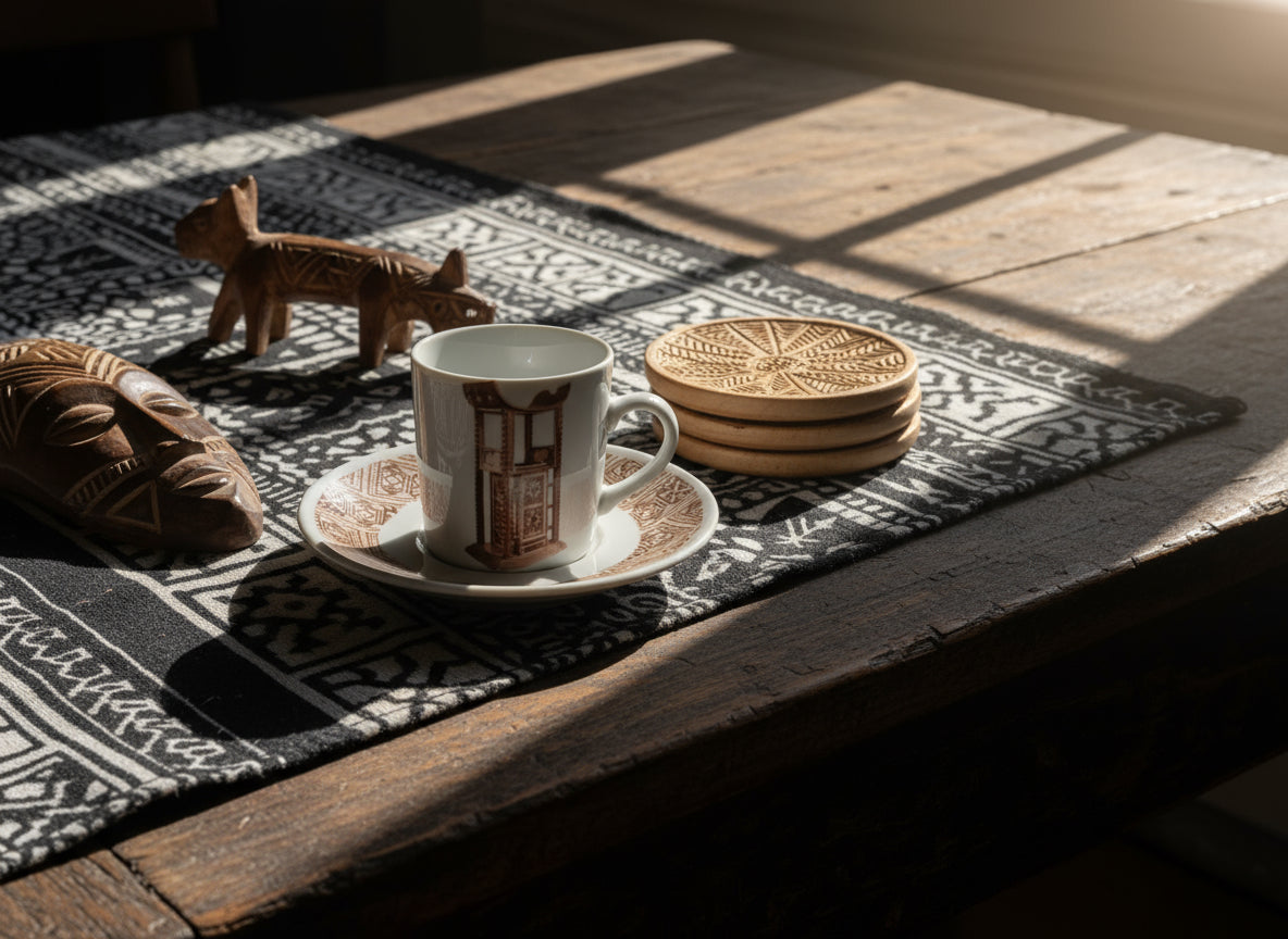 Coffret prestige spécial Bénin – 6 tasses en porcelaine fine française, ornées de motifs inspirés de l’histoire du Bénin