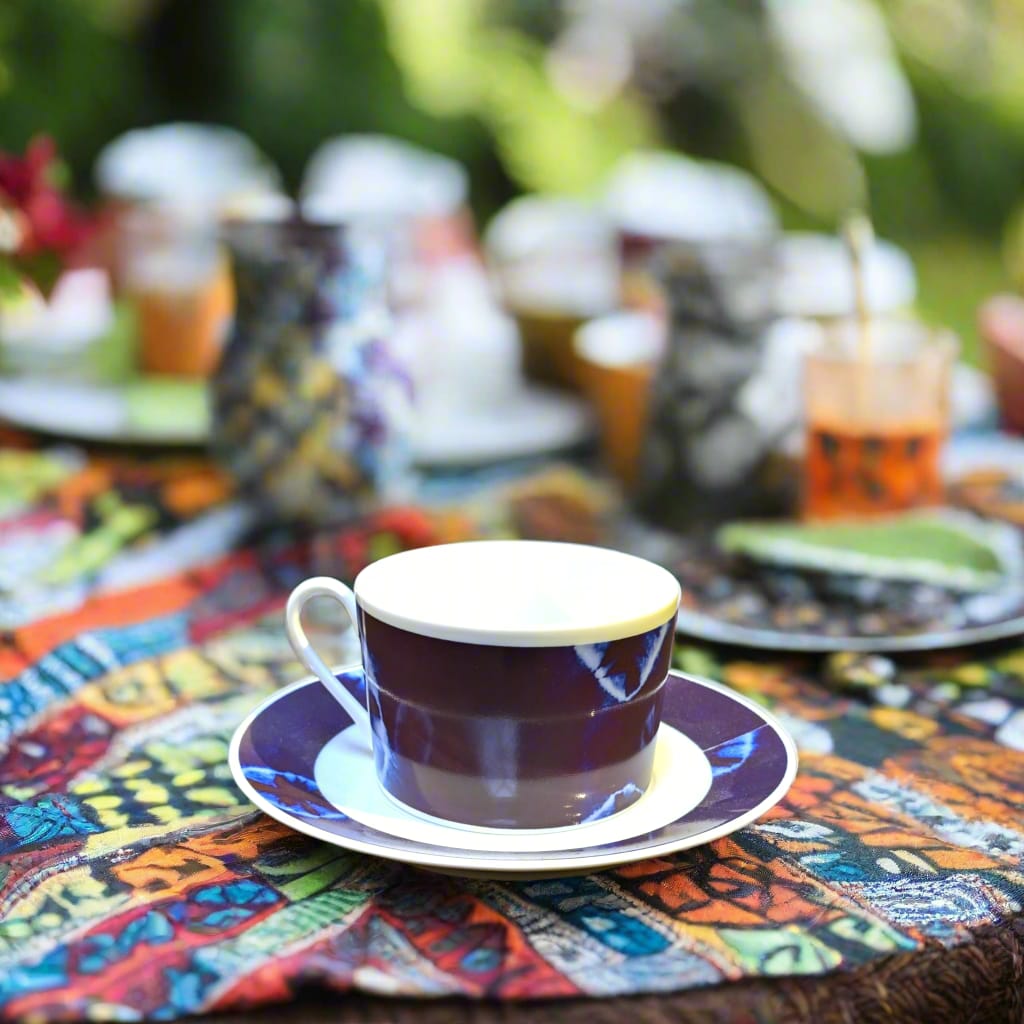 Tasse à Thé avec soucoupe en porcelaine fine Française fabriquées à la demande motif ethnique plein d'Afrique "Indigo" bleu