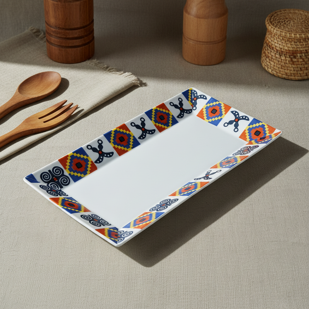 Plat rectangulaire en faïence motif wax d'Afrique "Adinkra"