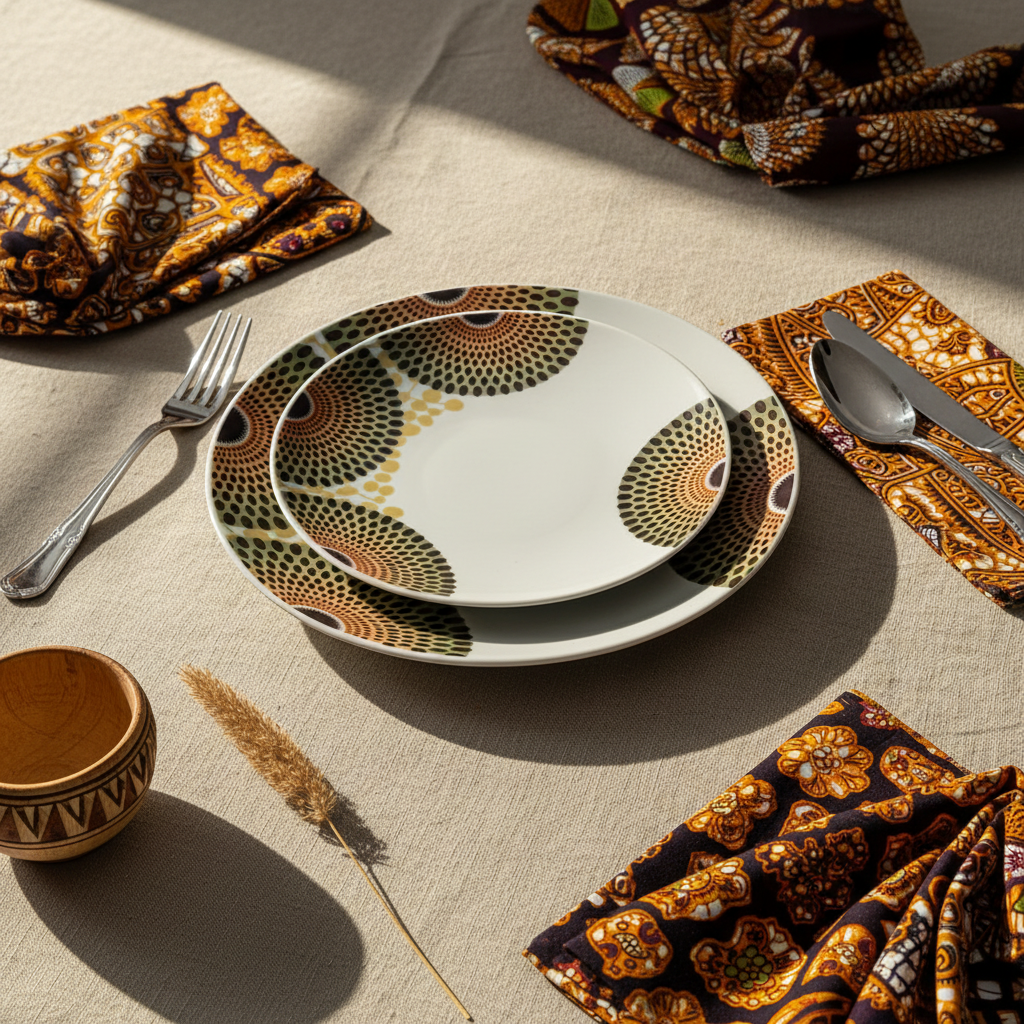 Coffret d'assiettes rondes en porcelaine Française fabriquées à la demande avec motif wax d'Afrique asymetrique Gammaphone multicolores
