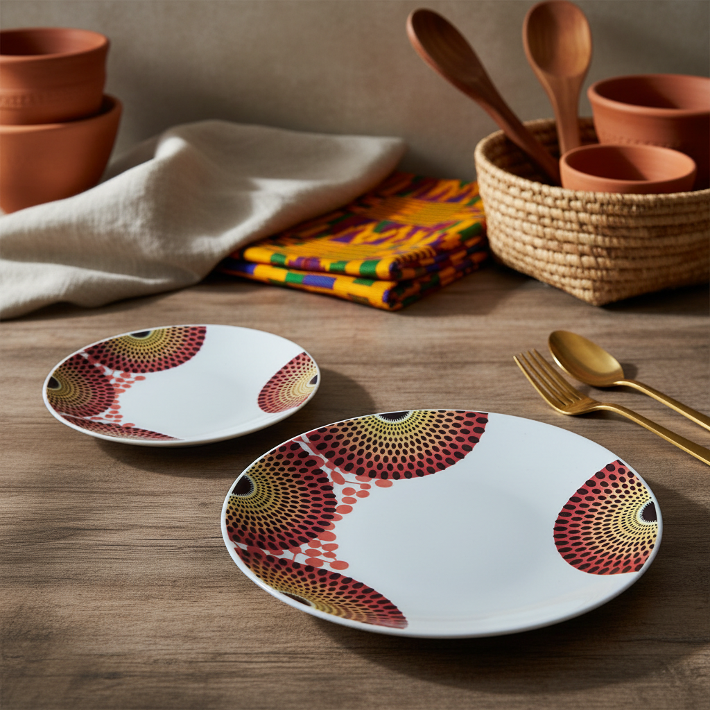 Coffret d'assiettes rondes en porcelaine Française fabriquées à la demande avec motif wax d'Afrique asymetrique Gammaphone multicolores