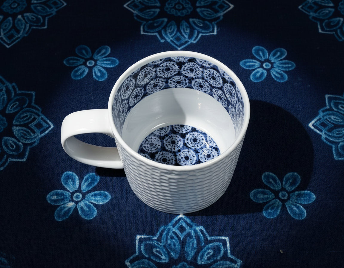 Mug en porcelaine fine Française grenaillé à l'extérieur, motif  d'Afrique "petits soleils indigo" bleu à l'intérieur