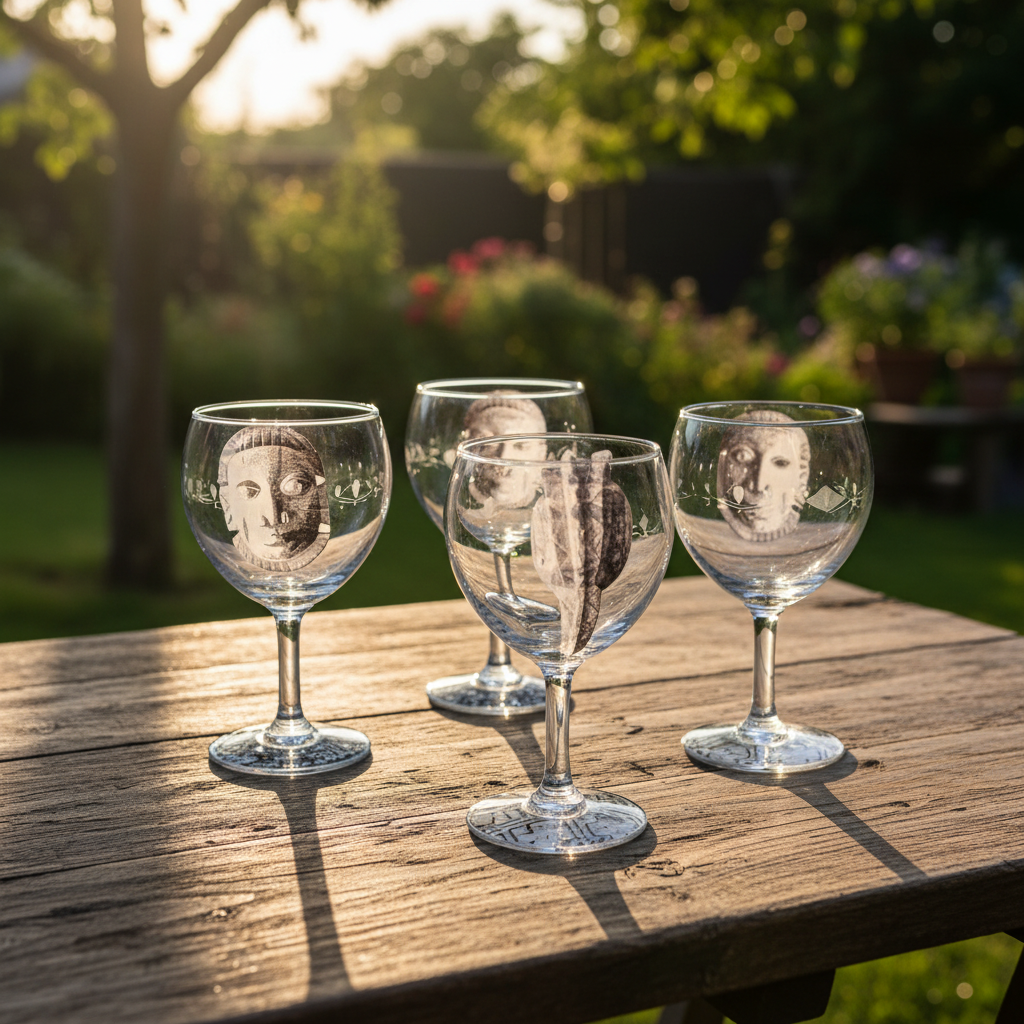 Verre à champagne avec motif masque du Bénin et disque sous pied au motif géométrique noir