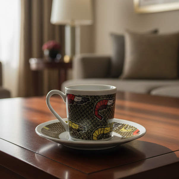 Tasse à Café en porcelaine Française avec soucoupe motif plein wax d'Afrique "crevettes/Shrimp"