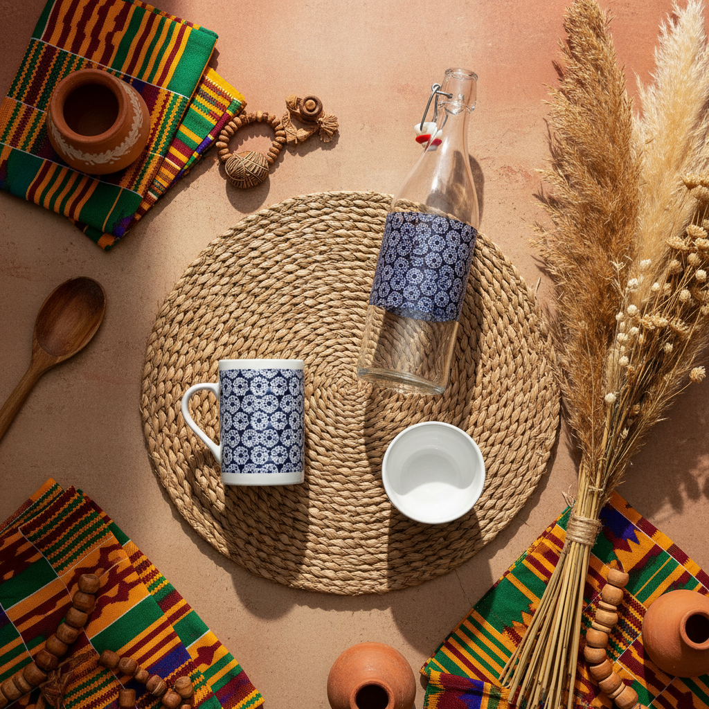 Bouteille en verre motif wax d'Afrique "indigo"