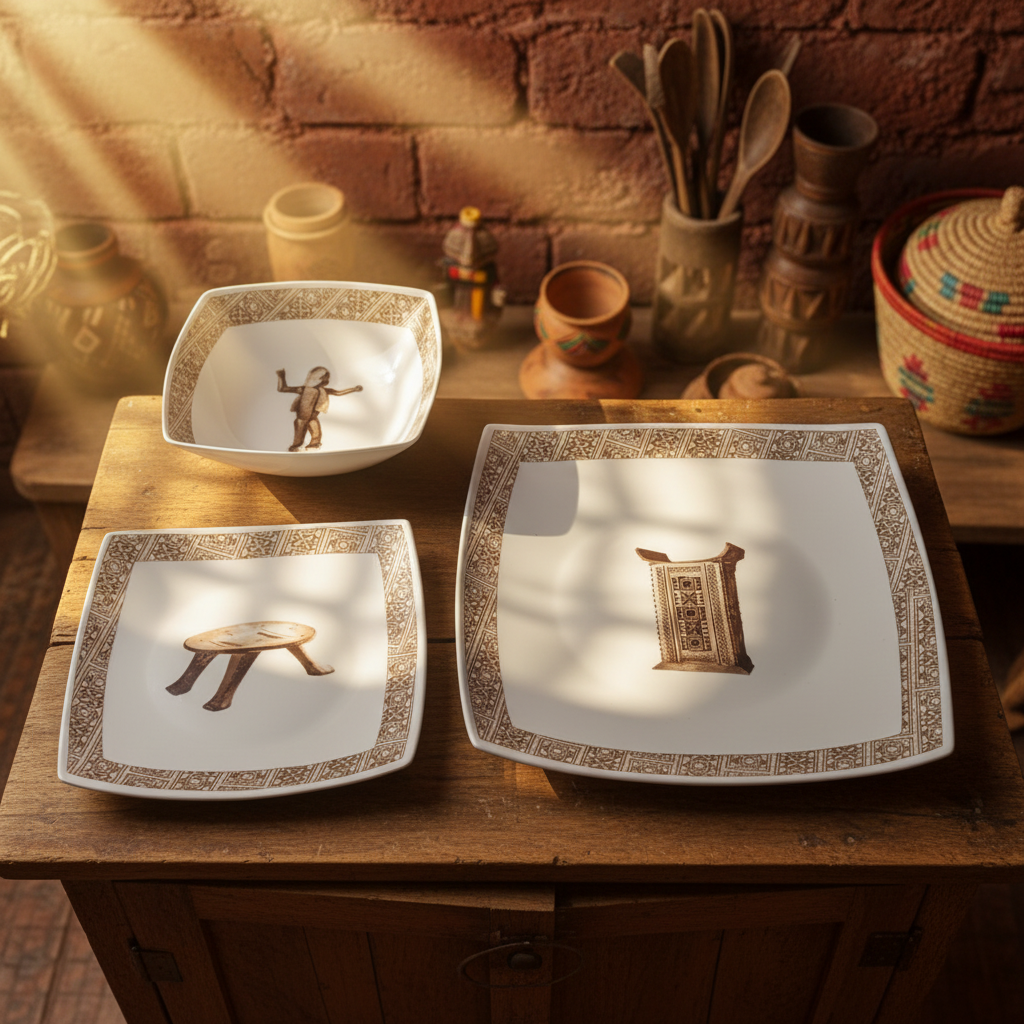 Coffret de 6 Assiettes Carrées en Porcelaine Fine – Motif “Œuvres Sacrées du Bénin”