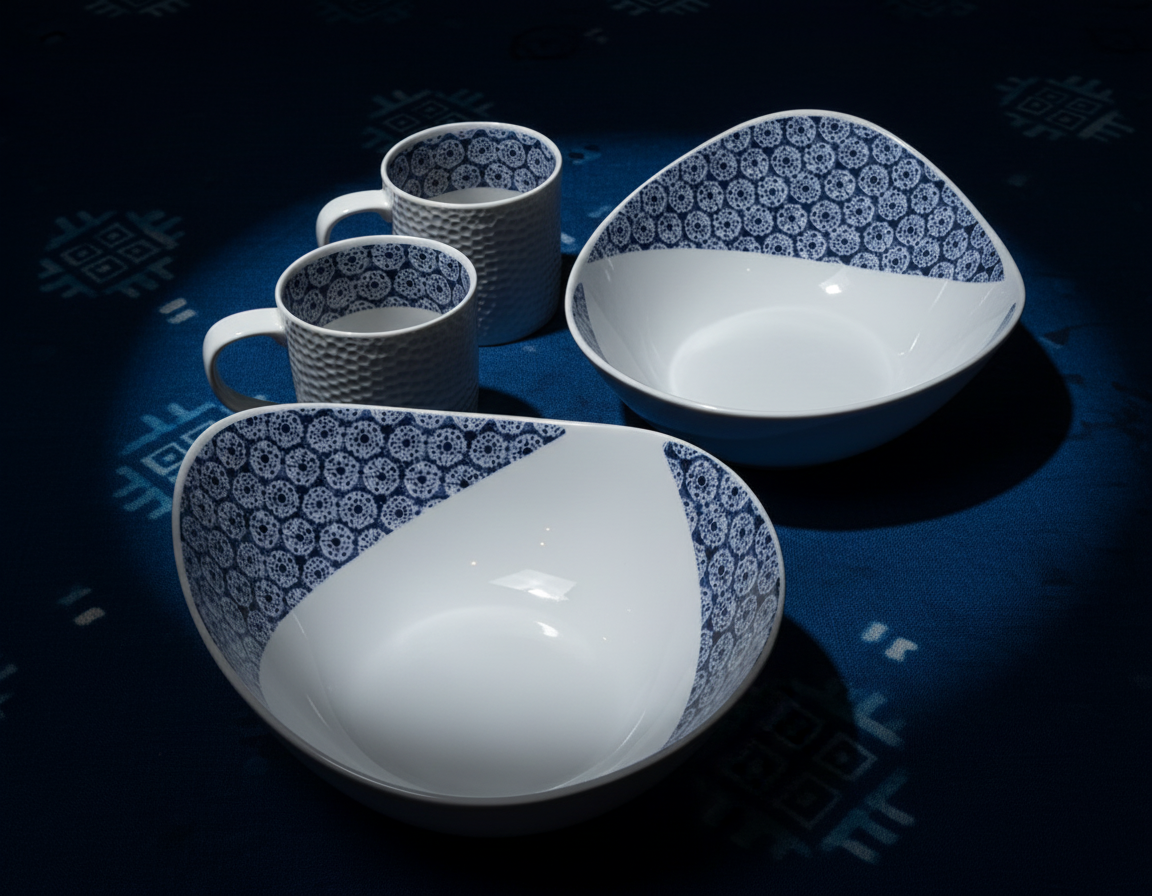 Mug en porcelaine fine Française grenaillé à l'extérieur, motif  d'Afrique "petits soleils indigo" bleu à l'intérieur