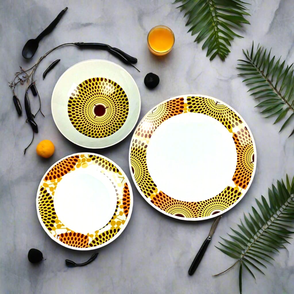 Coffret d'assiettes en porcelaine Française fabriquées à la demande avec motif anneaux larges wax d'Afrique Gammaphone orange dans coffret
