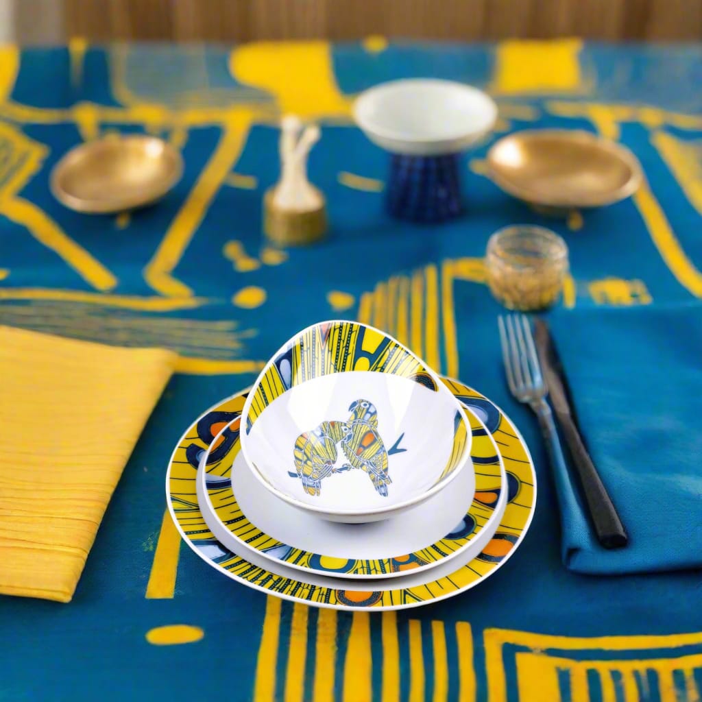 Coffret de 6 Assiettes Ovales en Porcelaine Fine – Motif Wax Africain “Electric Bulb” – Fabrication française personnalisable