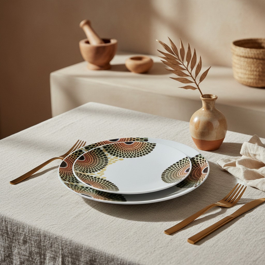 Coffret d'assiettes rondes en porcelaine Française fabriquées à la demande avec motif wax d'Afrique asymetrique Gammaphone multicolores