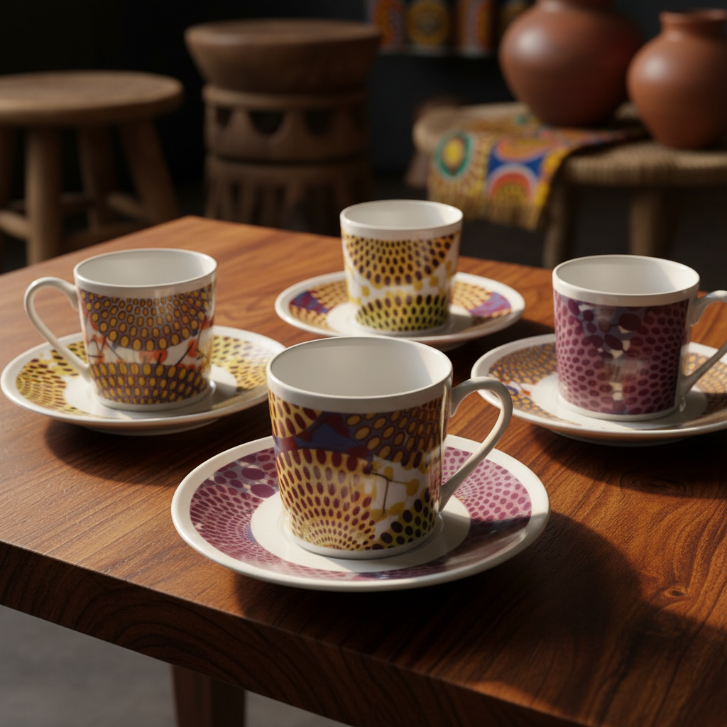 Tasse à Café en porcelaine Française avec soucoupe motif plein wax d'Afrique Gammaphone gris et orangé