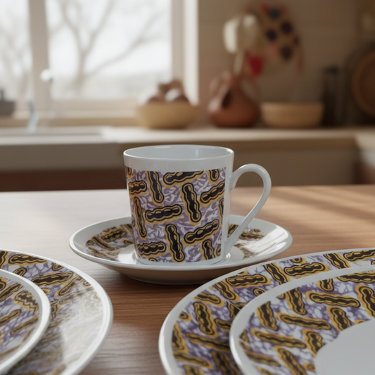 Tasse à Café en porcelaine Française avec soucoupe motif plein wax d'Afrique motif "haricot"