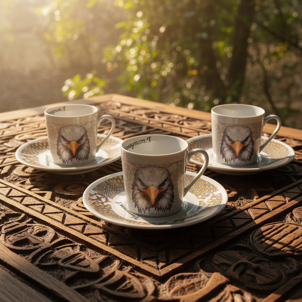 Tasse à Café en porcelaine Française avec soucoupe motif plein wax d'Afrique Gammaphone avec aigle