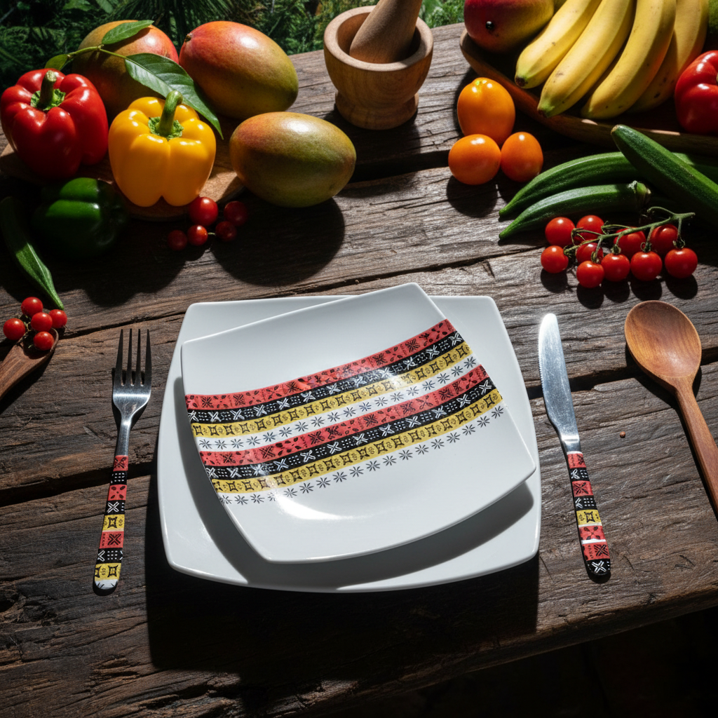 Coffret d'assiettes carrées en porcelaine fine Française fabriquées à la demande avec motif bande Ethnique d'Afrique " Bogolan avec coris" dans coffret de 12 assiettes