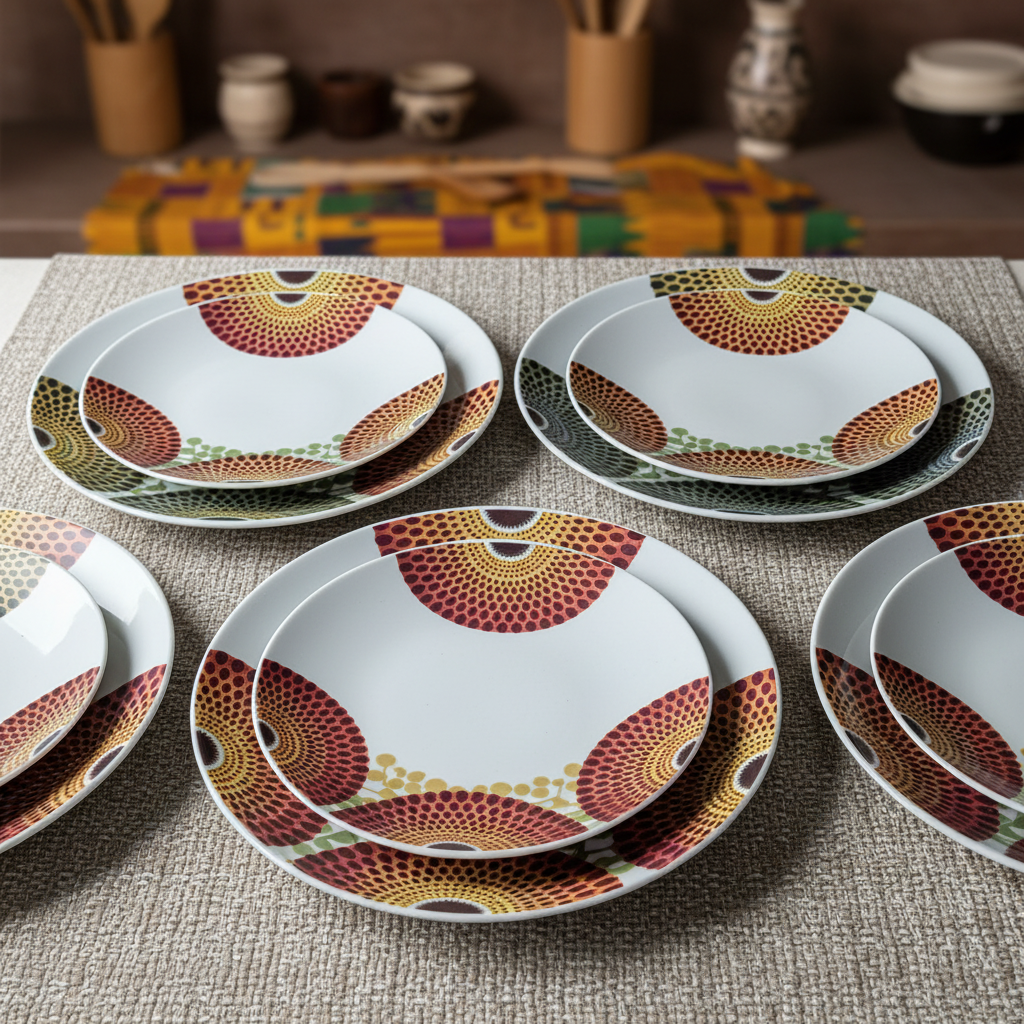 Coffret d'assiettes rondes en porcelaine Française fabriquées à la demande avec motif wax d'Afrique asymetrique Gammaphone multicolores