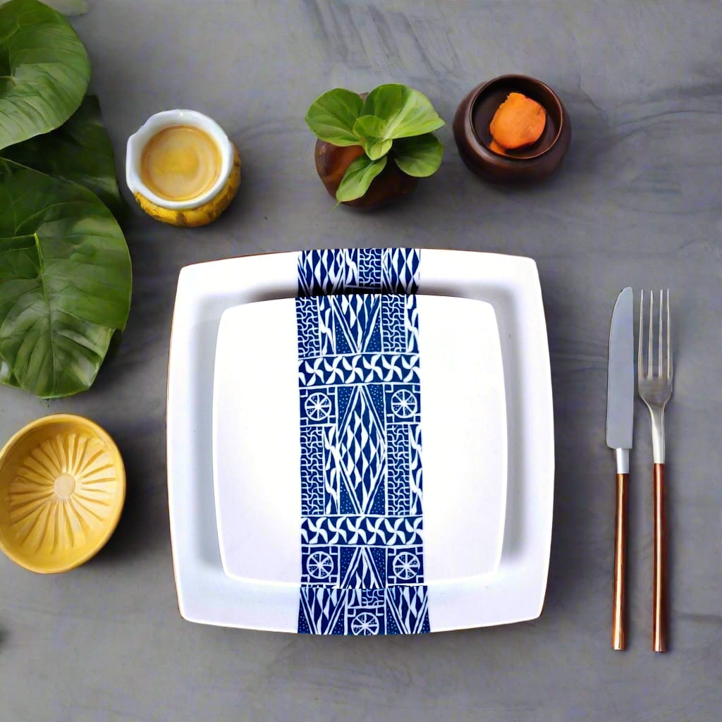Coffret d'assiettes carrées en porcelaine fine Française fabriquées à la demande avec motif bande ethnique d'Afrique "Ndop" bleu du Cameroun, présenté dans un coffret de 6 assiettes.