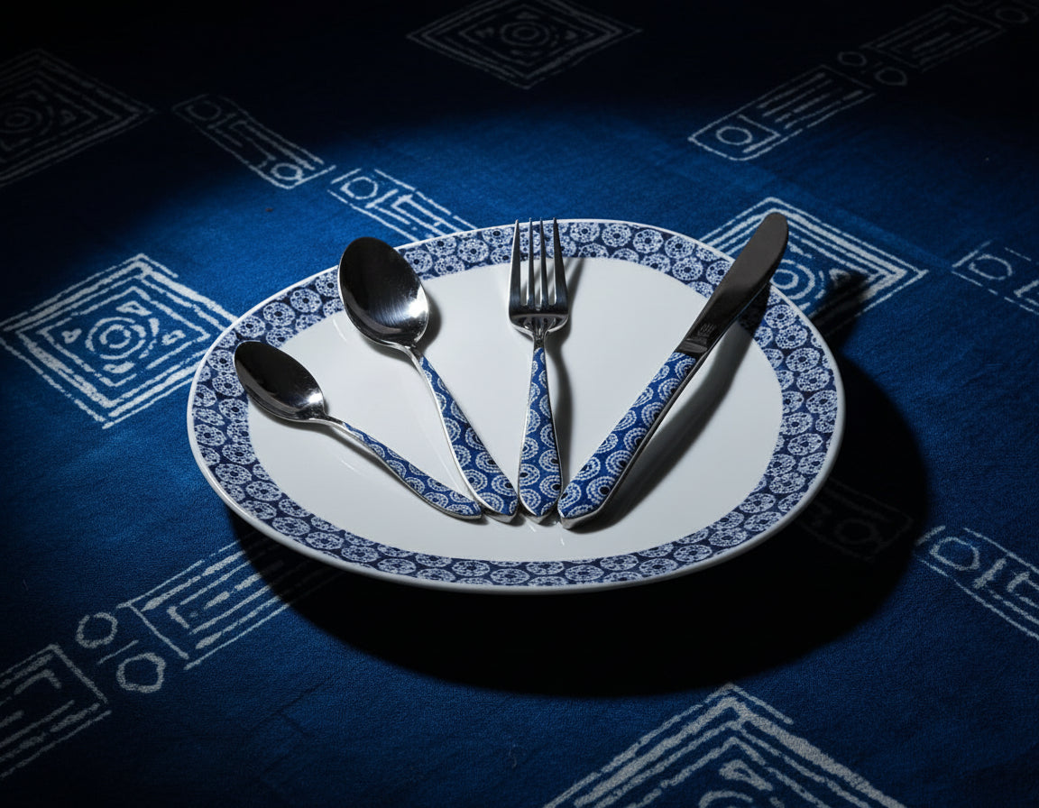 Mug en porcelaine fine Française grenaillé à l'extérieur, motif  d'Afrique "petits soleils indigo" bleu à l'intérieur