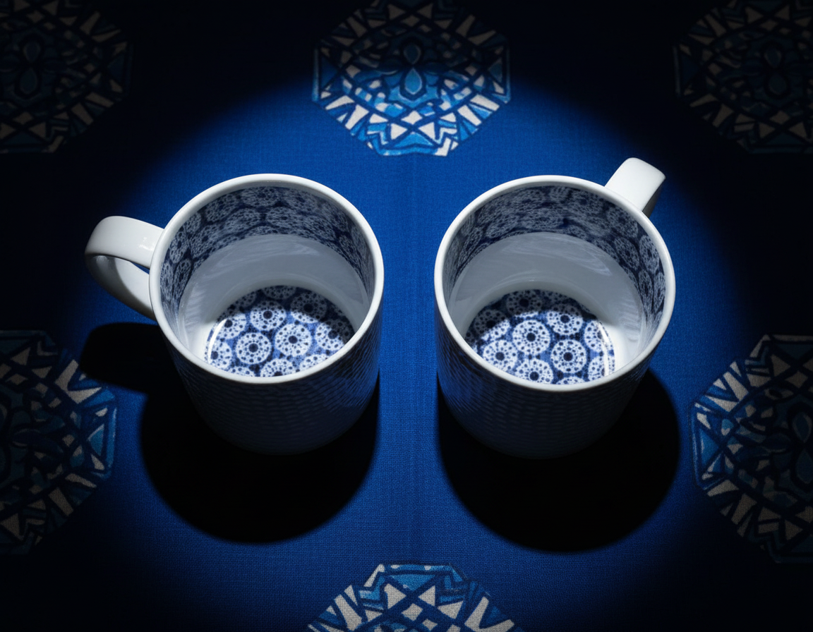 Mug en porcelaine fine Française grenaillé à l'extérieur, motif  d'Afrique "petits soleils indigo" bleu à l'intérieur