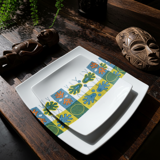 Set of square plates in fine French porcelain made to order with African WAX band motif "Ton pied Mon pied" in a set of 12