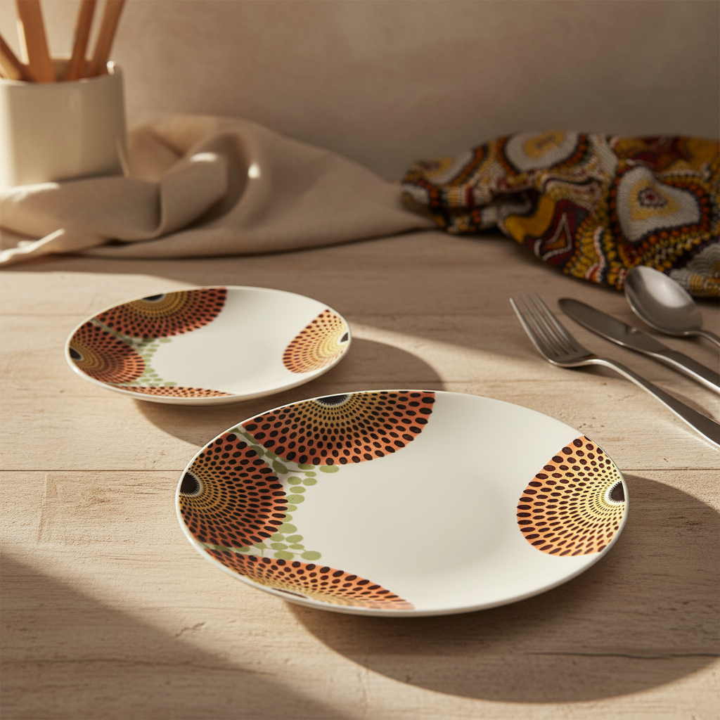 Coffret d'assiettes rondes en porcelaine Française fabriquées à la demande avec motif wax d'Afrique asymetrique Gammaphone multicolores