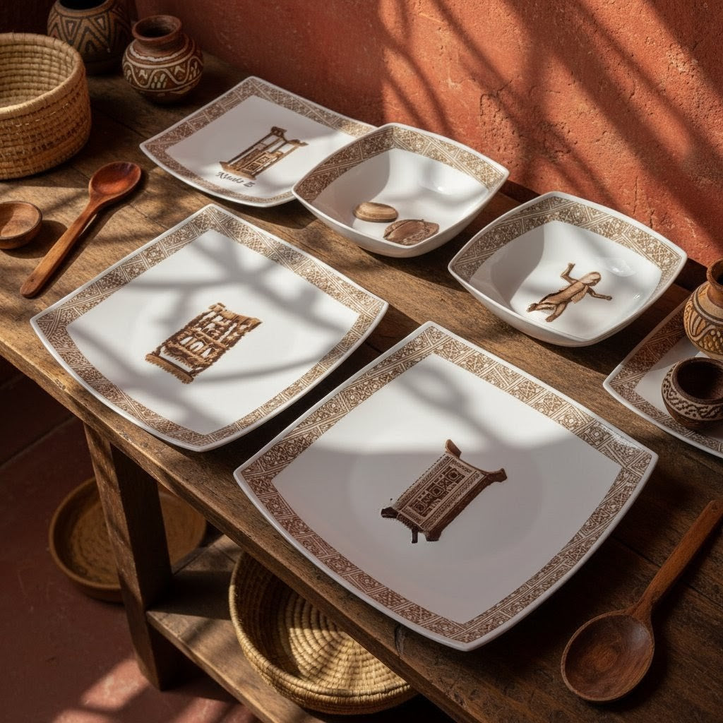 Coffret de 6 Assiettes Carrées en Porcelaine Fine – Motif “Œuvres Sacrées du Bénin”