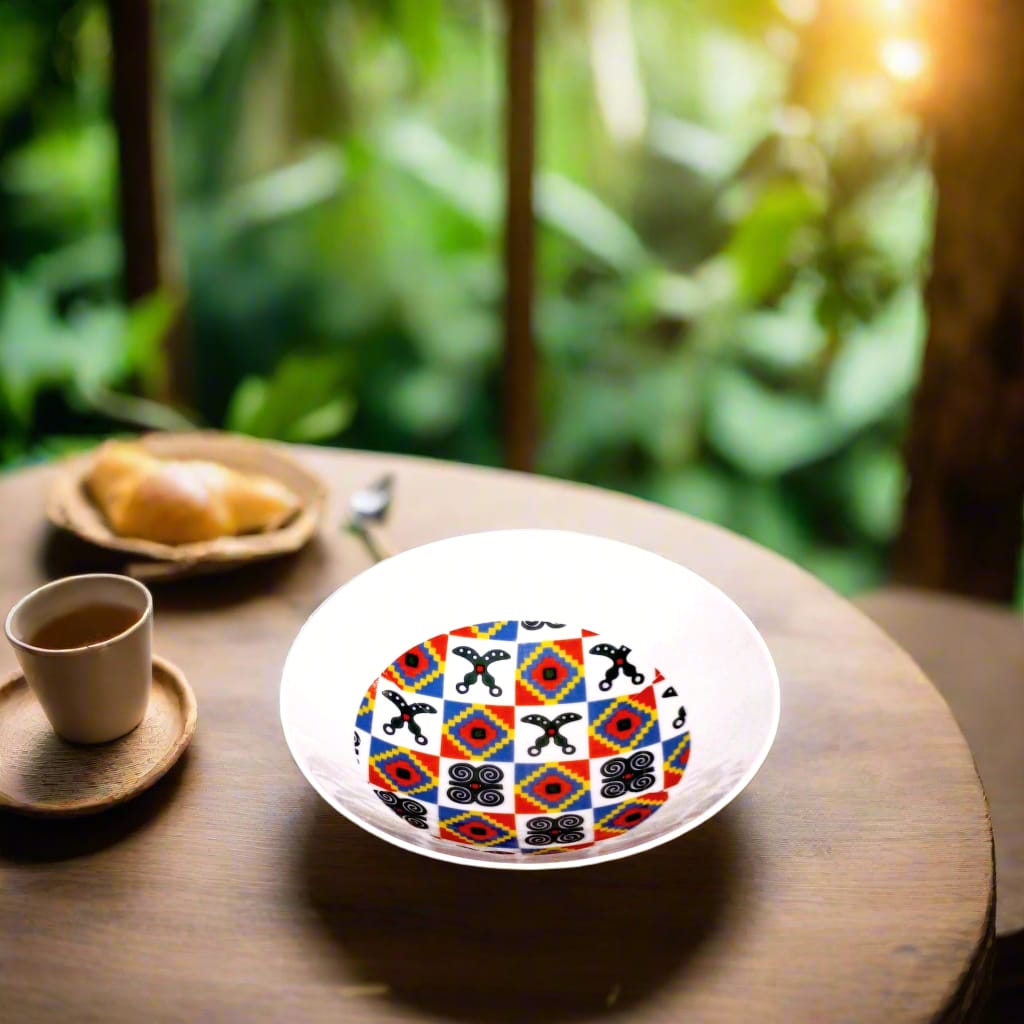 Coffret d'assiettes rondes en porcelaine fine Française fabriquées à la demande avec motif anneaux larges traditions d'afrique "Adinkra" du Ghana et de Côtes d'Ivoire dans coffret de 6 assiettes.
