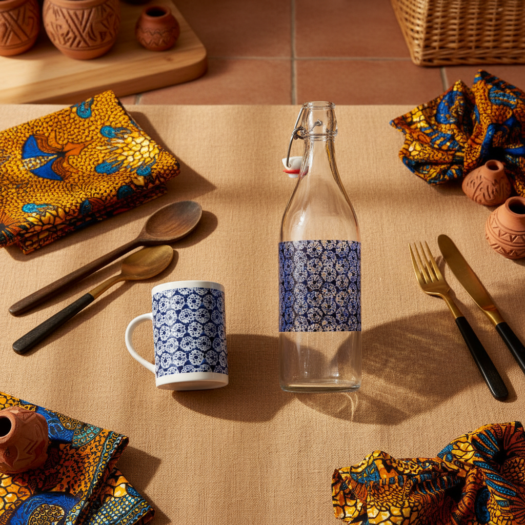 Bouteille en verre motif wax d'Afrique "indigo"