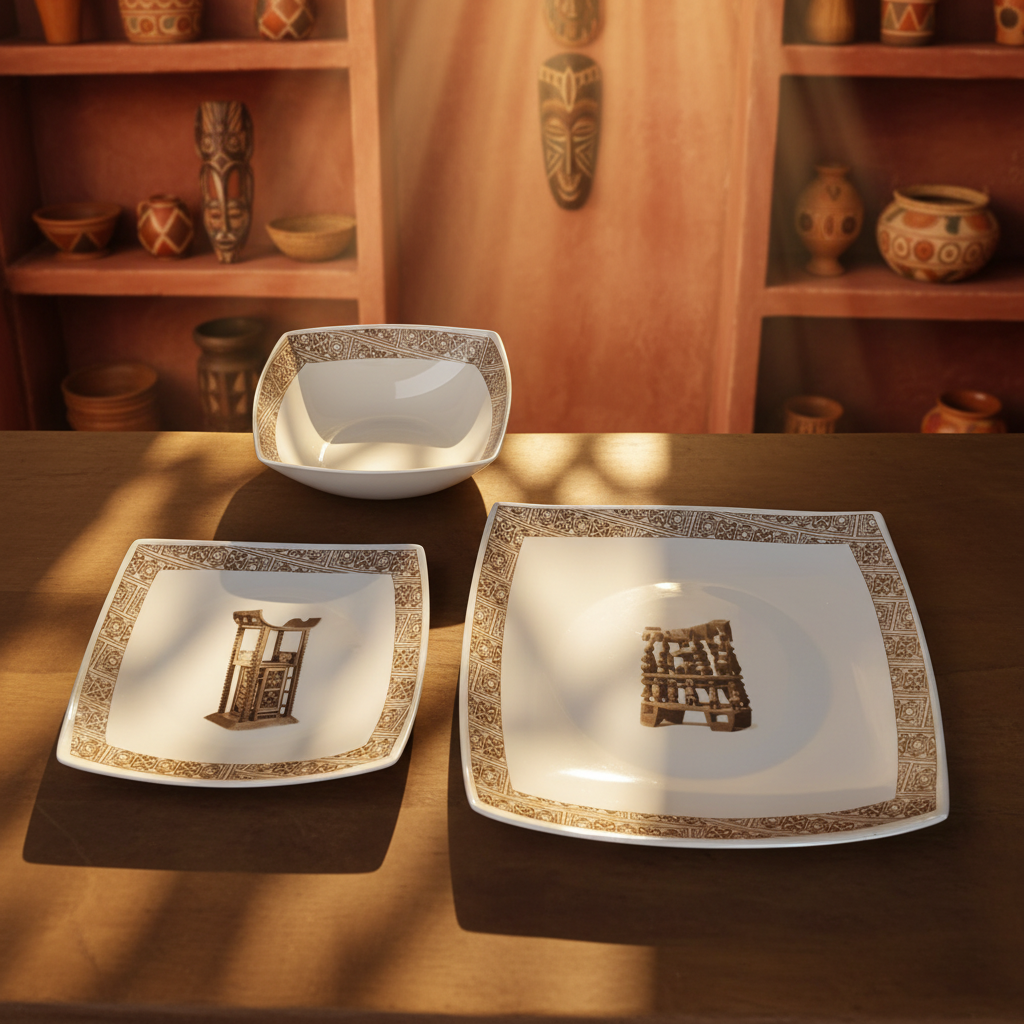 Coffret de 6 Assiettes Carrées en Porcelaine Fine – Motif “Œuvres Sacrées du Bénin”