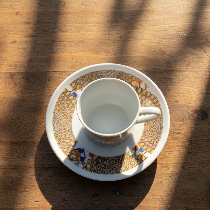 Tasse à Café en porcelaine Française avec soucoupe motif plein wax d'Afrique Gammaphone gris et orangé