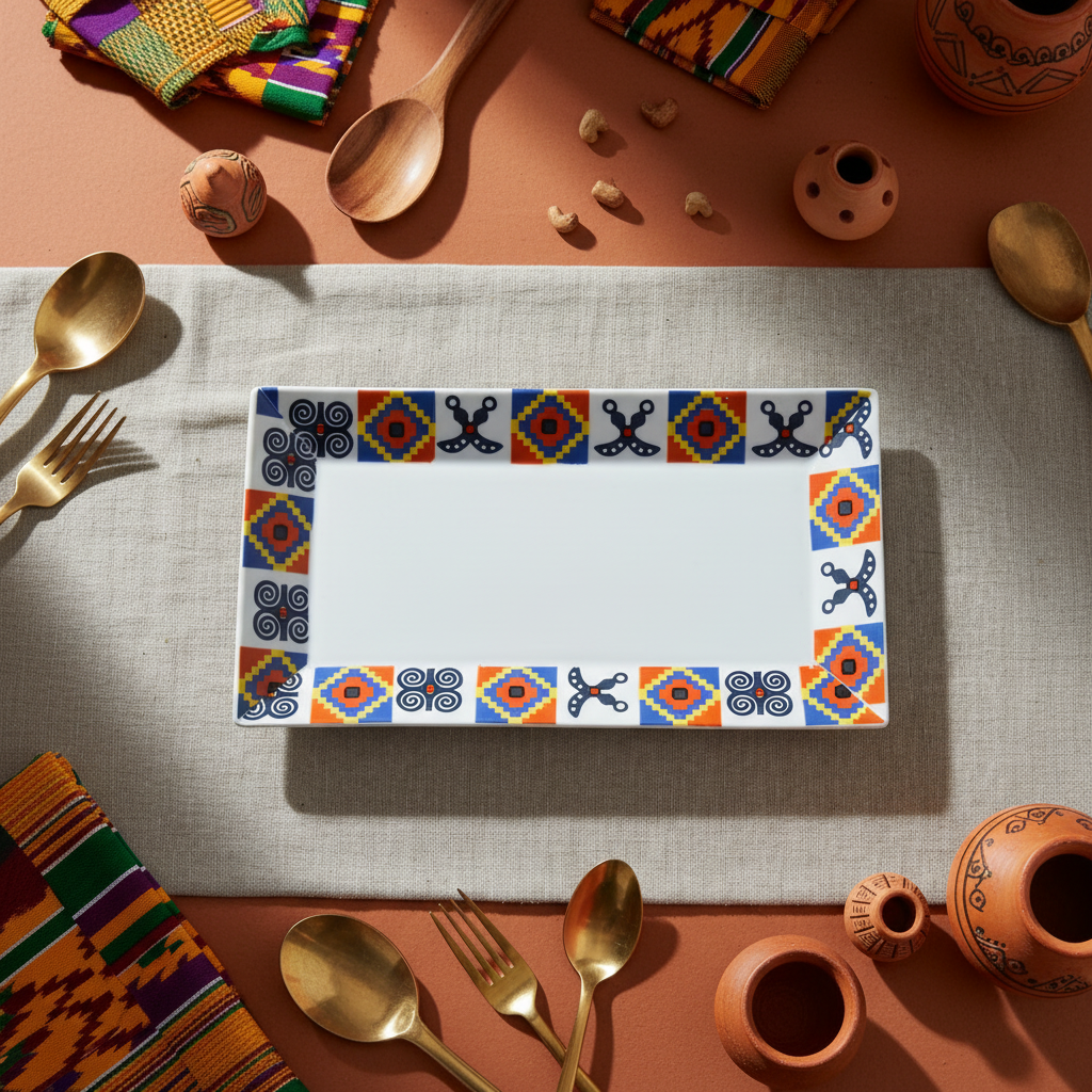 Plat rectangulaire en faïence motif wax d'Afrique "Adinkra"