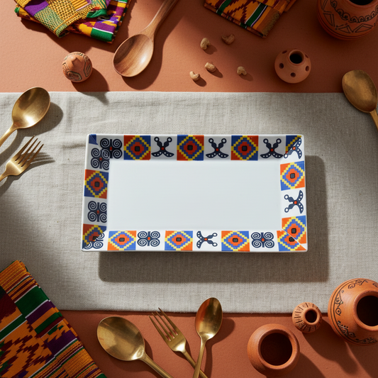 Plat rectangulaire en faïence motif wax d'Afrique "Adinkra"