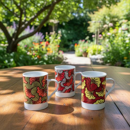 Mug en porcelaine fine Française fabriqué à la demande, motif WAX,  extérieur  "Fleurs de Mariage" rouge et orange