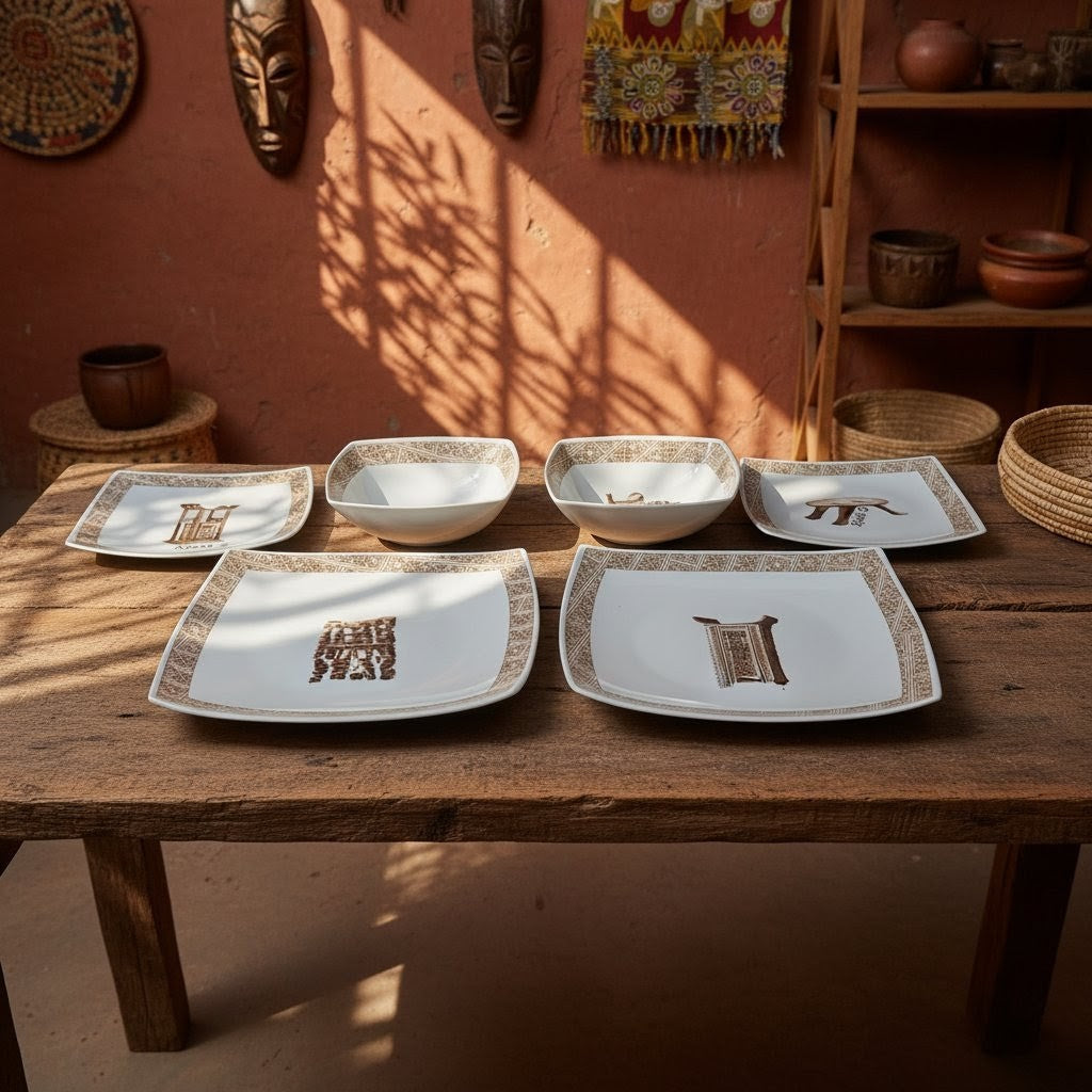 Coffret de 6 Assiettes Carrées en Porcelaine Fine – Motif “Œuvres Sacrées du Bénin”