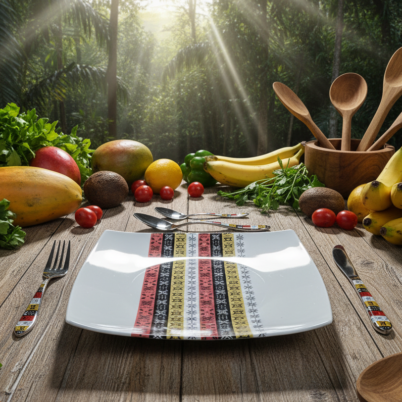 Coffret d'assiettes carrées en porcelaine fine Française fabriquées à la demande avec motif bande Ethnique d'Afrique " Bogolan avec coris" dans coffret de 12 assiettes