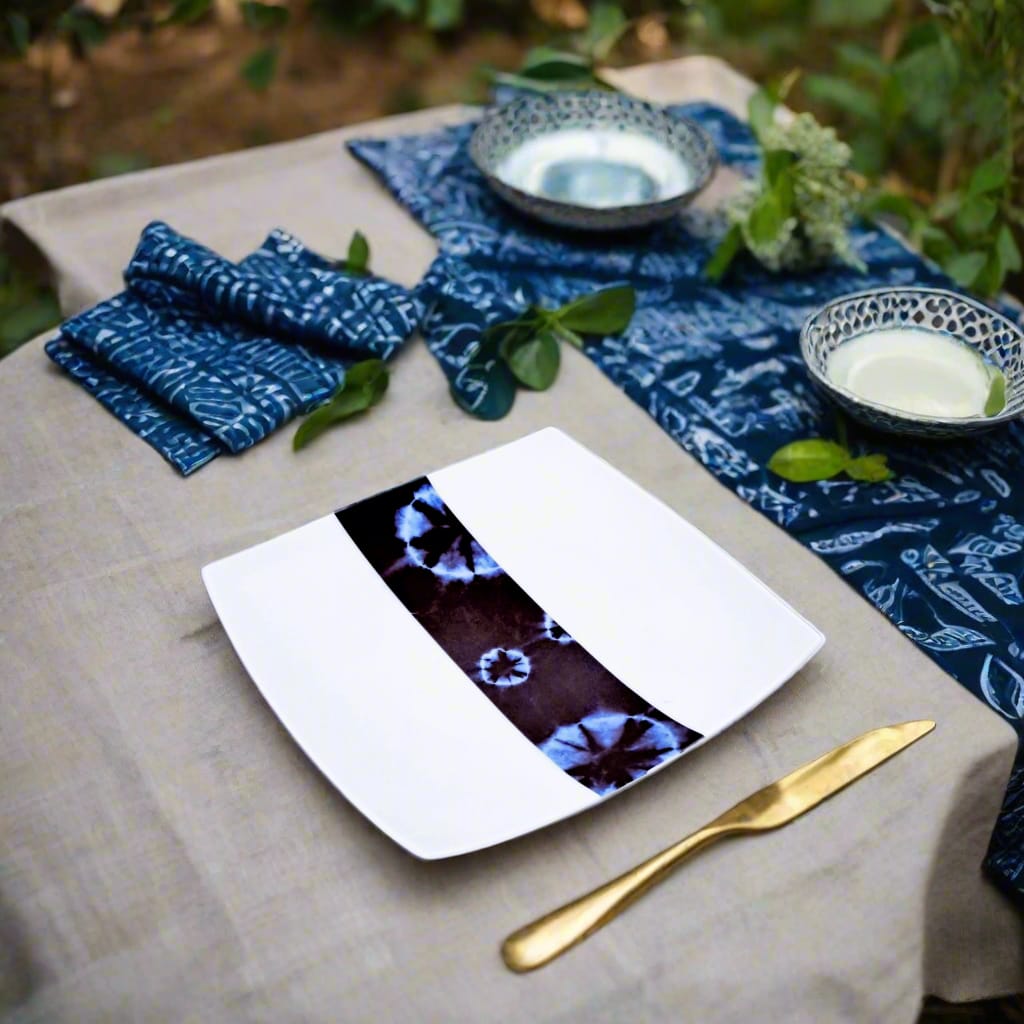 Coffret d'assiettes carrées en porcelaine fine Française fabriquées à la demande avec motif bande ethnique d'Afrique "Indigo bleu et noir" , présenté dans un coffret de 6 assiettes.