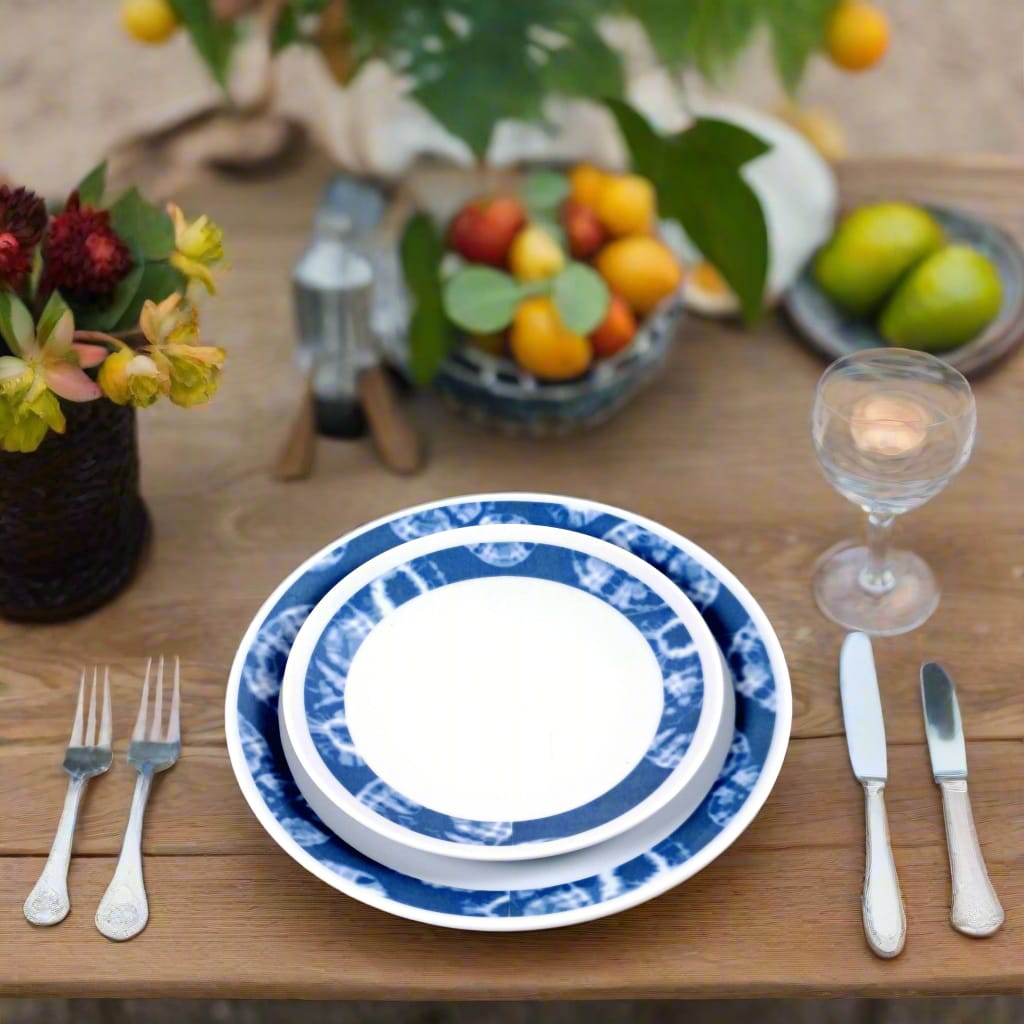 Coffret d'assiettes rondes en porcelaine fine Française fabriquées à la demande avec motif anneaux larges ethnique d'Afrique "Indigo" bleu dans coffret de 6 assiettes
