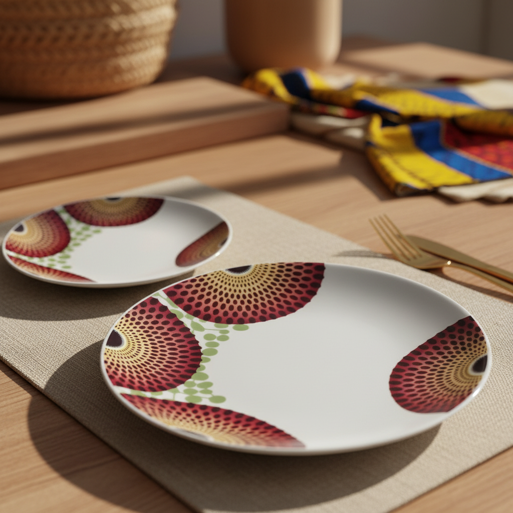 Coffret d'assiettes rondes en porcelaine Française fabriquées à la demande avec motif wax d'Afrique asymetrique Gammaphone multicolores