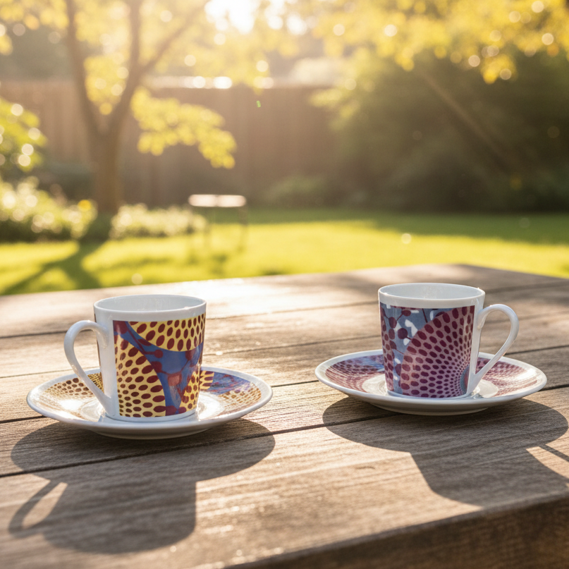 Tasse à Café en porcelaine Française avec soucoupe motif plein wax d'Afrique Gammaphone violet