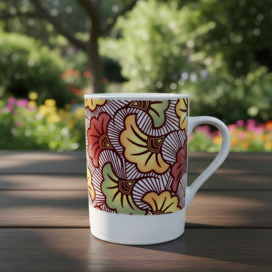 Mug en porcelaine fine Française fabriqué à la demande, motif WAX,  extérieur  "Fleurs de Mariage" fond bordeaux et fleurs colorées