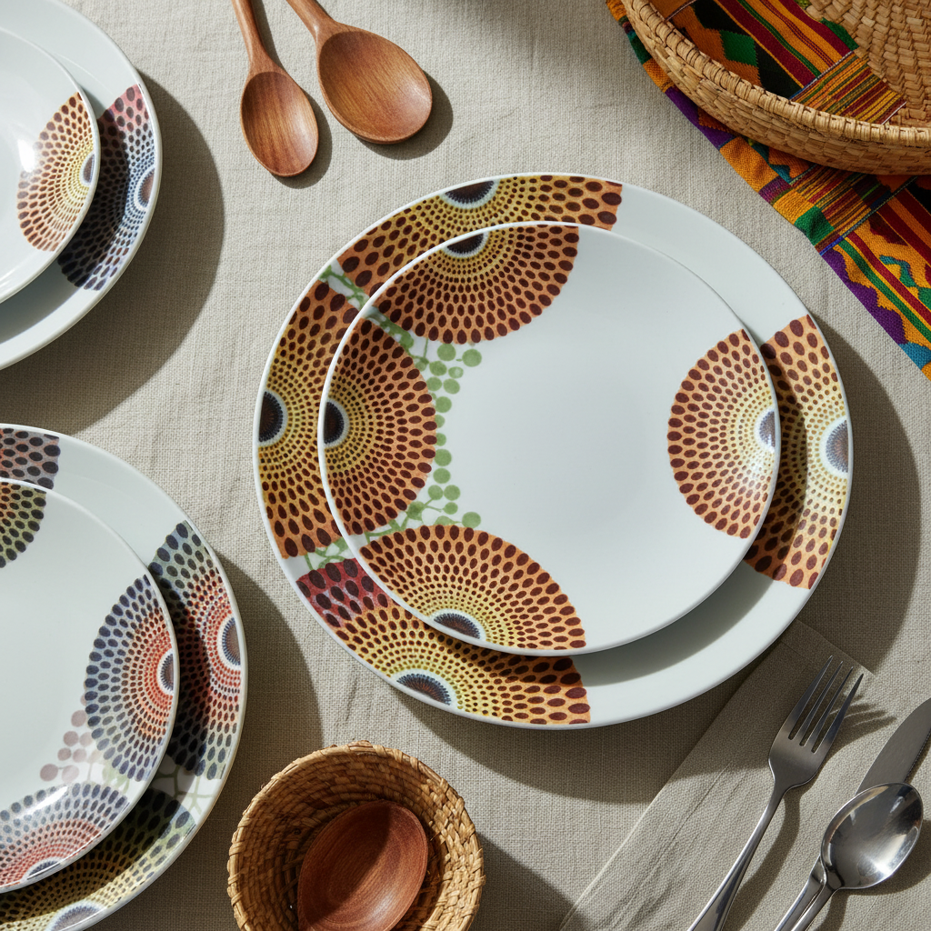 Coffret d'assiettes rondes en porcelaine Française fabriquées à la demande avec motif wax d'Afrique asymetrique Gammaphone multicolores