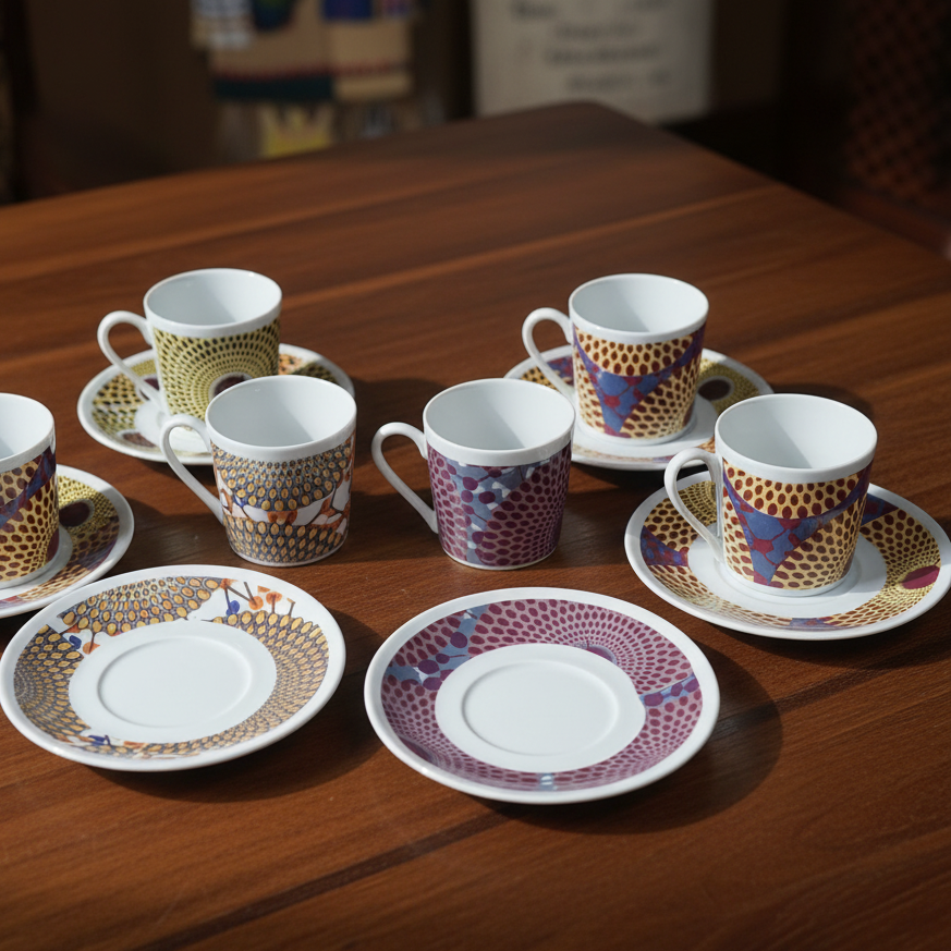 Tasse à Café en porcelaine Française avec soucoupe motif plein wax d'Afrique Gammaphone gris et orangé