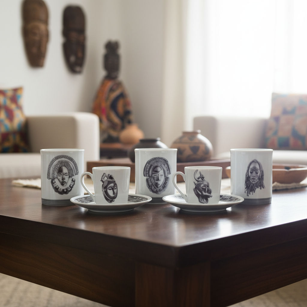 Tasse à café en porcelaine fine Française fabriqué à la demande, motif d'Afrique, Côté d'Ivoire extérieur masques "Baoulé"