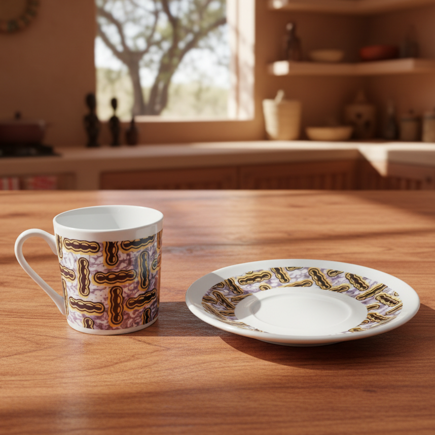 Tasse à Café en porcelaine Française avec soucoupe motif plein wax d'Afrique motif "haricot"