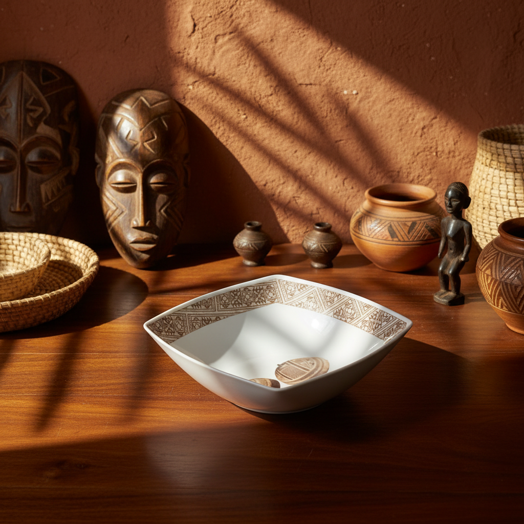Coffret de 6 Assiettes Carrées en Porcelaine Fine – Motif “Œuvres Sacrées du Bénin”