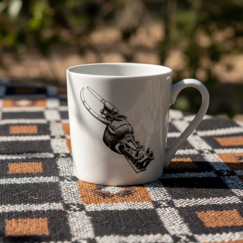 Mug ou Tasse à café en porcelaine fine Française fabriqué à la demande, motif d'Afrique, Côté d'Ivoire MASQUE HEAUME SENOUFO, A tête d'animal à la gueule béante armé de crocs 4