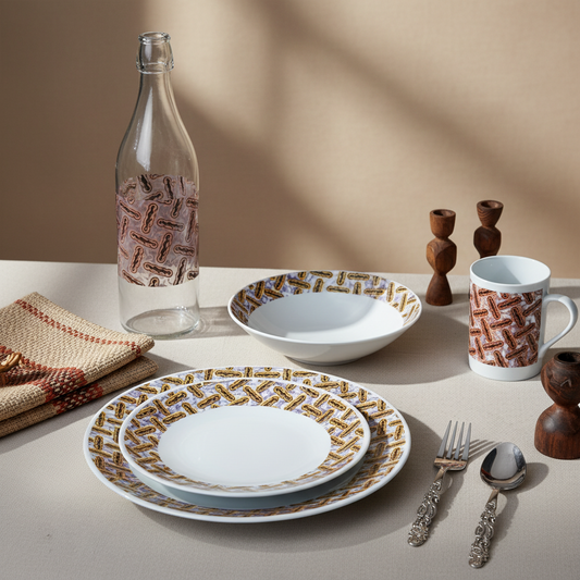 Coffret d'assiettes rondes en porcelaine fine Française avec  motif anneaux WAX "Haricot"  (6 assiettes)