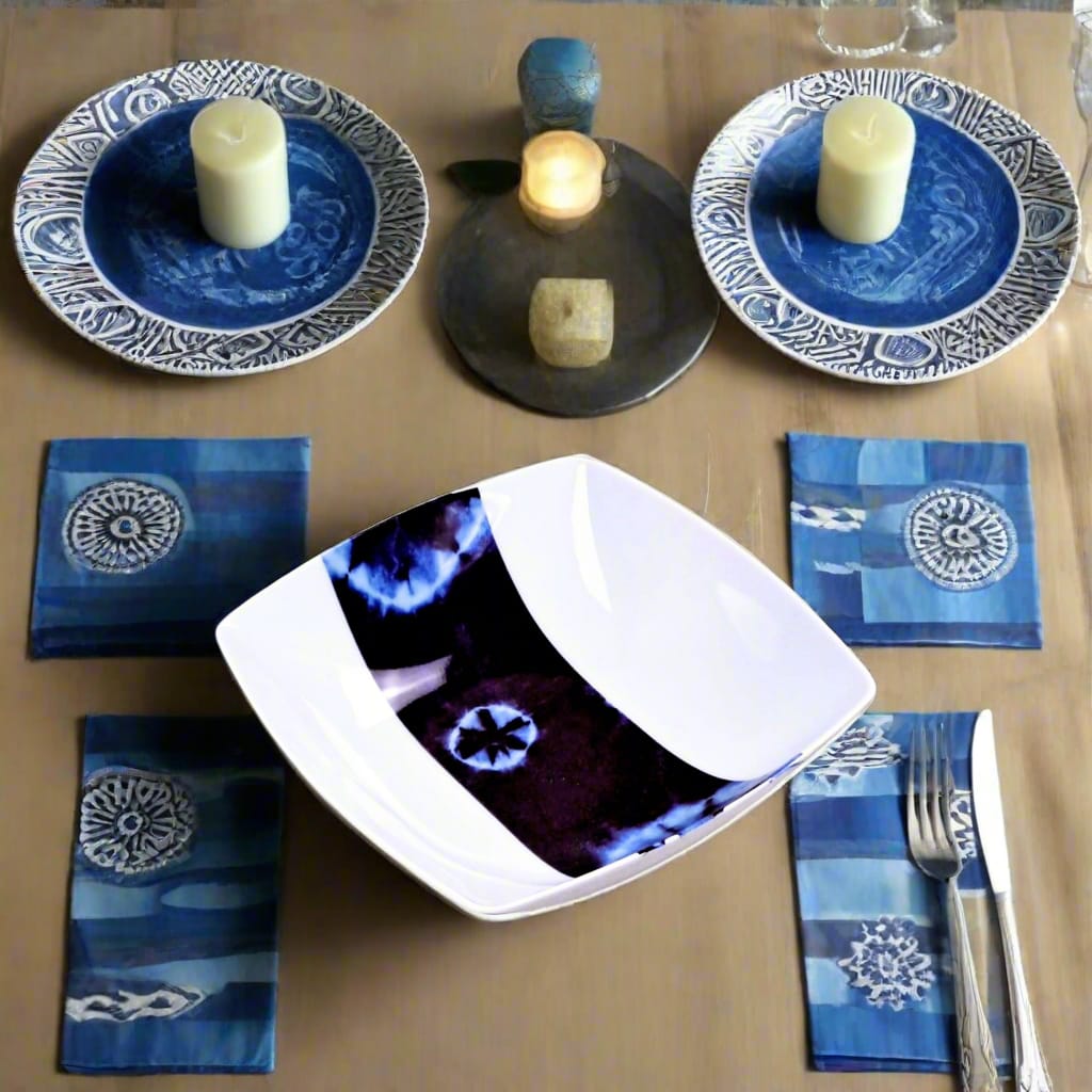 Coffret d'assiettes carrées en porcelaine fine Française fabriquées à la demande avec motif bande ethnique d'Afrique "Indigo bleu et noir" , présenté dans un coffret de 6 assiettes.