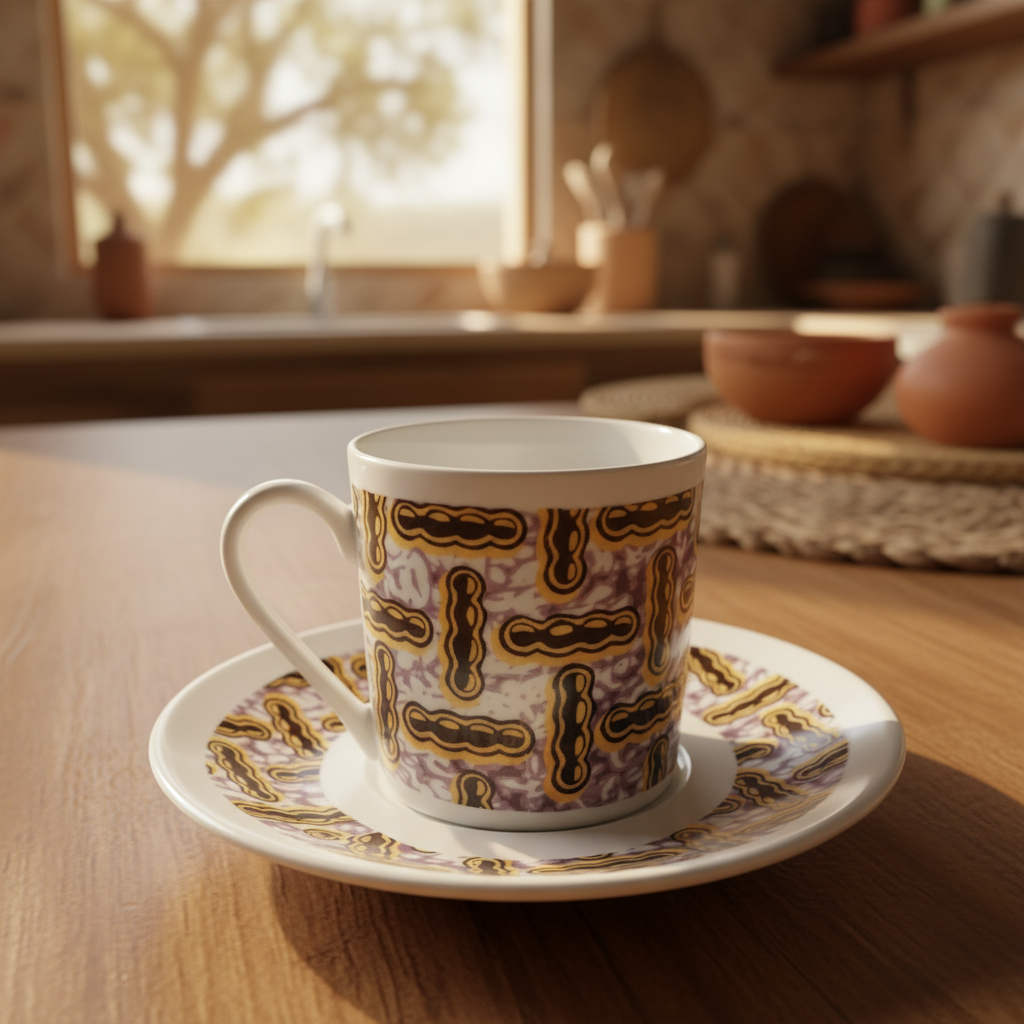 Tasse à Café en porcelaine Française avec soucoupe motif plein wax d'Afrique motif "haricot"