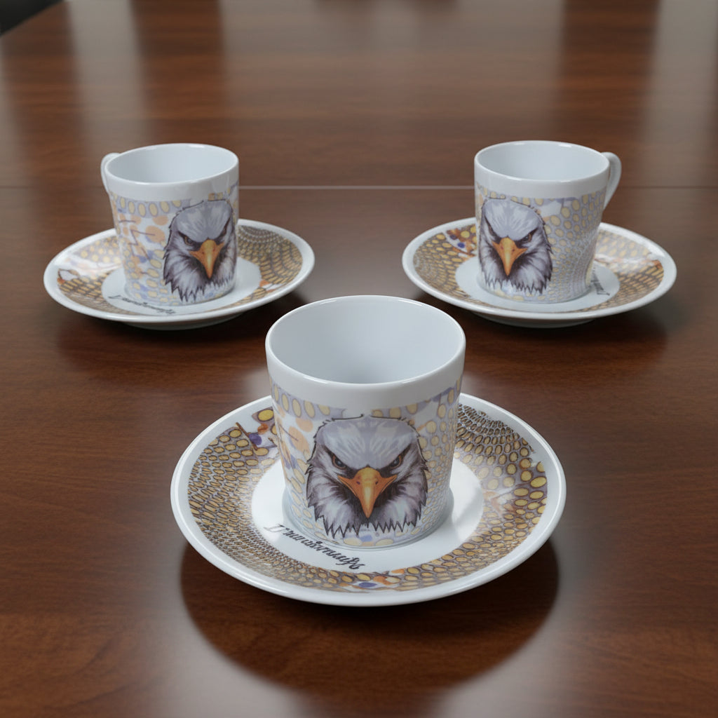 Tasse à Café en porcelaine Française avec soucoupe motif plein wax d'Afrique Gammaphone avec aigle